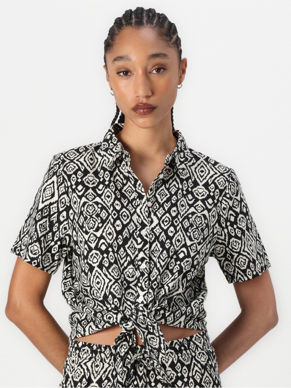 ICHI Linno Linen Blend Black White Abstract Diamond Ikat Blouse Top Size 42